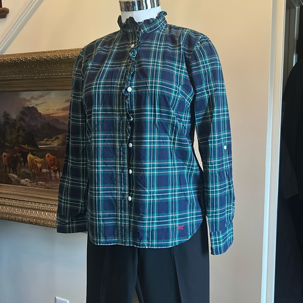 Talbots Sz 6P High Neck Ruffle Tartan Button Down Ladies Shirt EUC